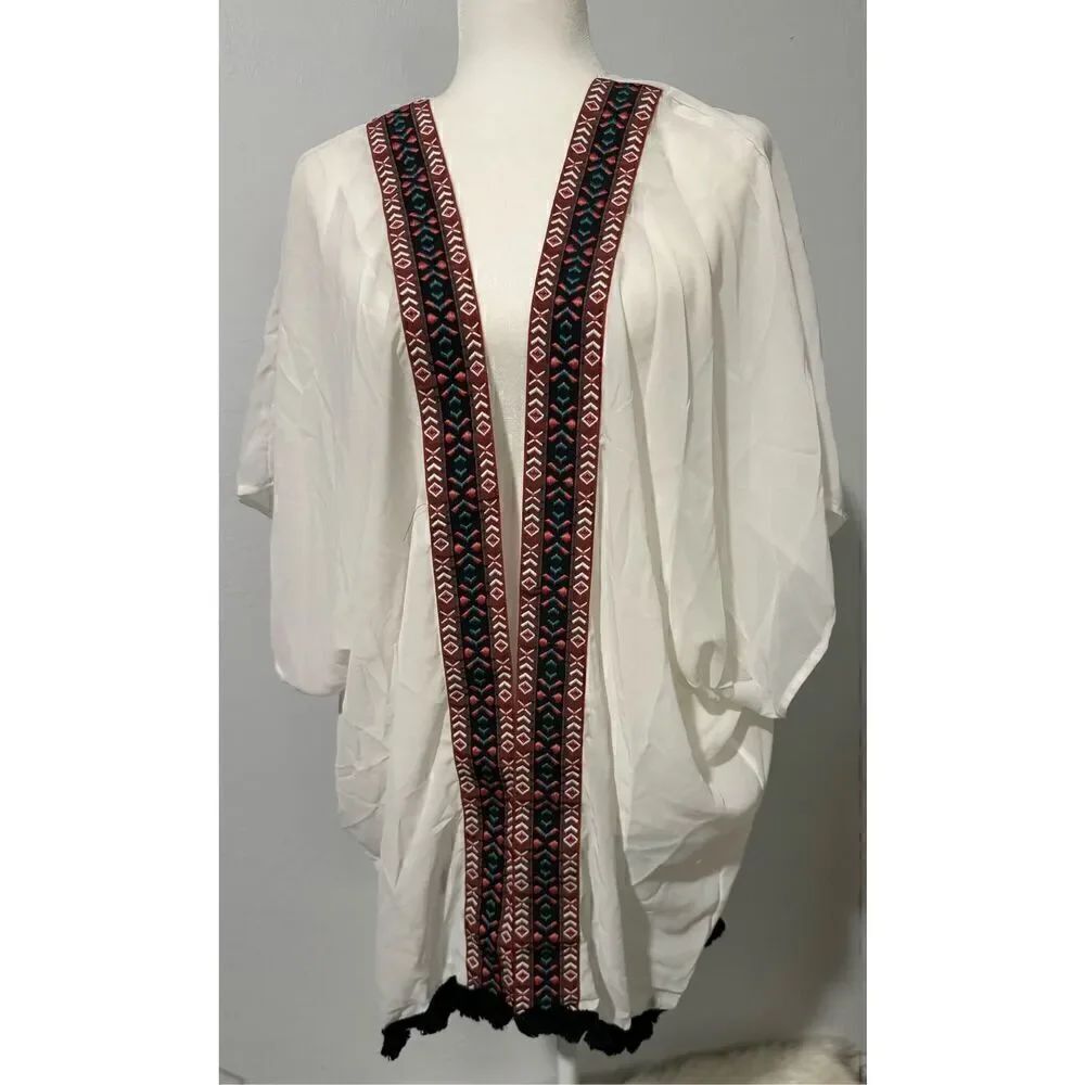 West loop Embroidered trim lightweight cover up kimono flowy frindge open front
